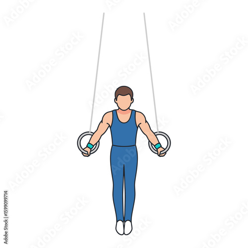 A gymnast in blue attire holding rings on a white background.