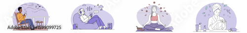 Four-panel illustration of relaxation and self-care activities, including reading, listening to music, meditating, and skincare