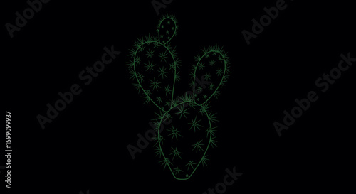 A minimalist, glowing green outline of a prickly pear cactus on a black background.