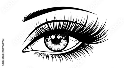 Close-up vector illustration of a human eye with long eyelashes and eyebrow, in black and white.