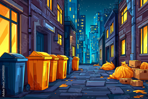 Vibrant Urban Alley Scene with Colorful Trash Bins Under Night Sky