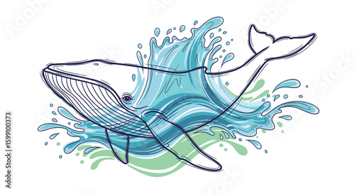 A stylized illustration of a whale breaching, creating a splash of water.