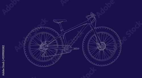 Detailed blueprint illustration of a mountain bike, showcasing its components and design.