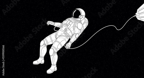 An astronaut floats in the vast darkness of space, connected by a tether.