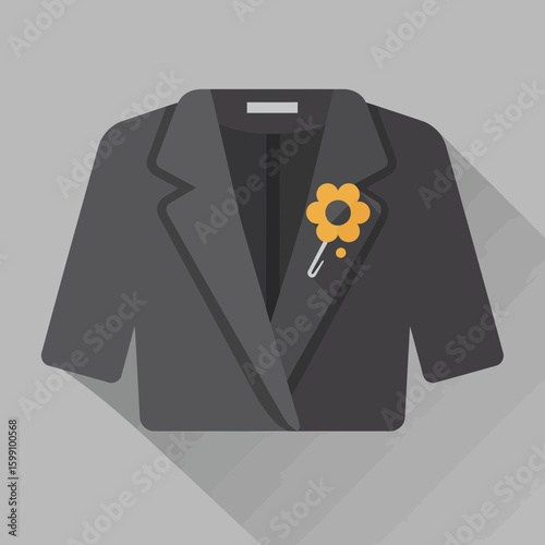 A grey blazer with a yellow flower pin is depicted on a grey background.