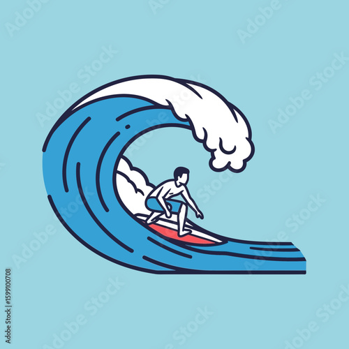 A surfer rides a wave on a surfboard in a stylized illustration.