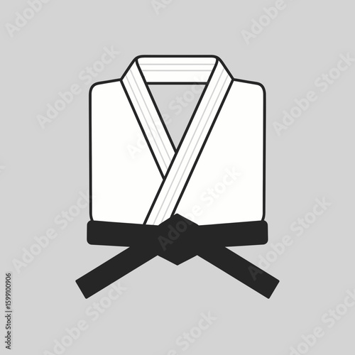 A white martial arts uniform with a black belt on a gray background.