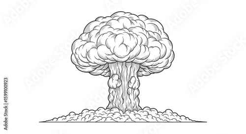 A stylized black and white graphic of a mushroom cloud atomic bomb explosion.