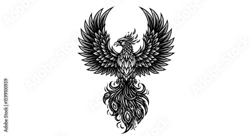 Intricate black and white illustration of a majestic phoenix bird with outstretched wings.