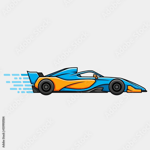 A stylized illustration of a blue and orange race car on a white background.
