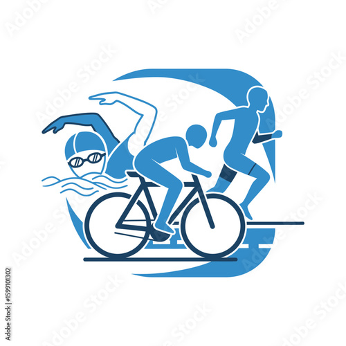 A blue graphic depicts a triathlon with swimming cycling and running figures.