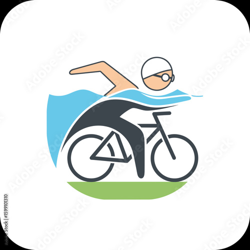 A stylized illustration depicts a swimmer cyclist and bicycle in a triathlon themed design.