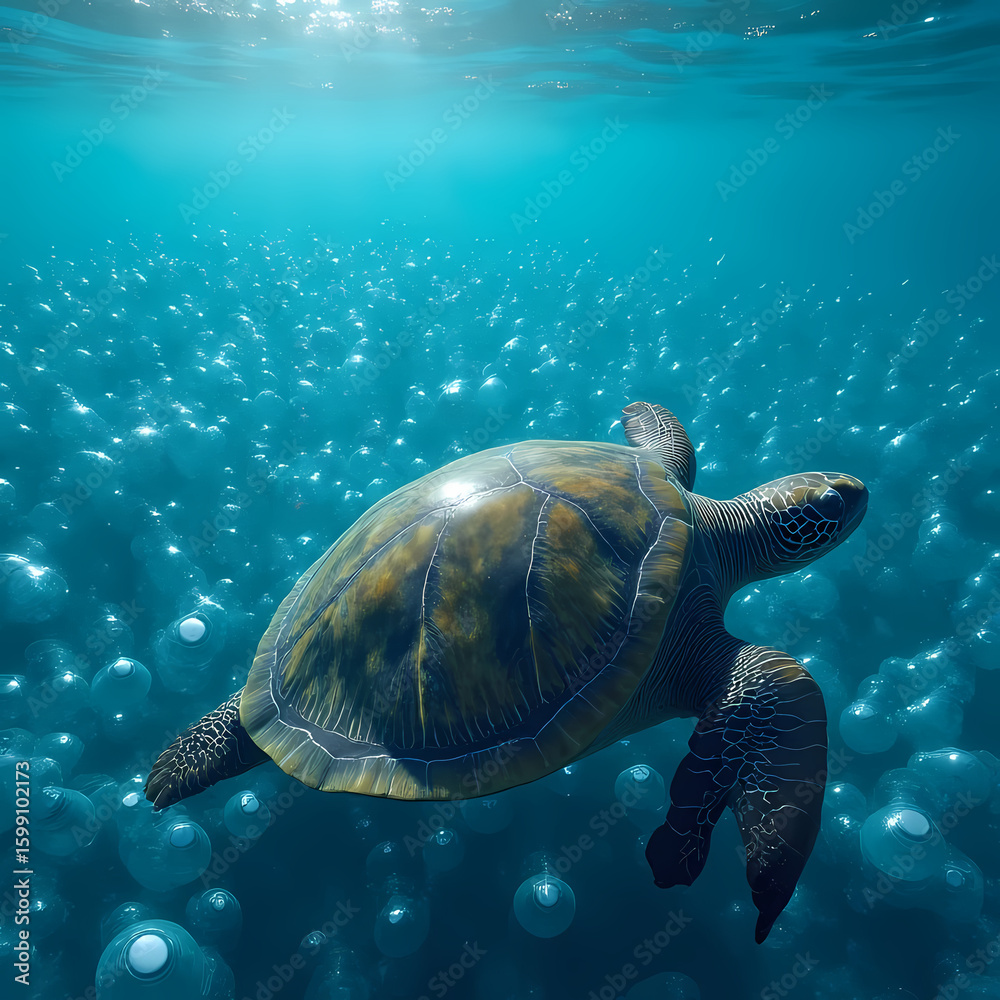 Obraz premium Dozens of plastic water bottles floating in the ocean near a turtle, focusing on marine pollution