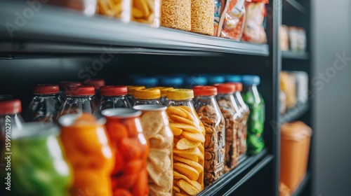 Fully and Organized Office Pantry Filled with Nutritious Snacks Drinks and Refreshments for Employee Break Time and Nourishment