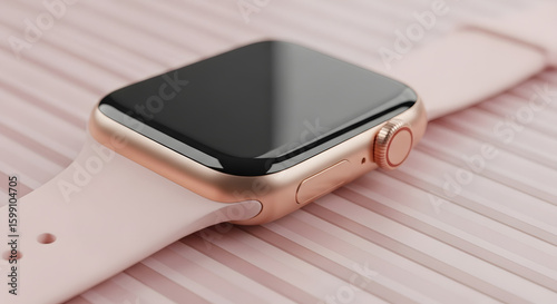 A rose gold smartwatch with a pink band is displayed on a pink ribbed surface in a