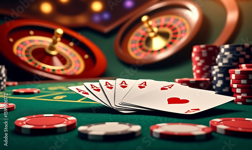 Casino table with roulette wheels playing cards and poker chips