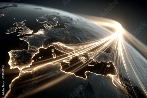 Global interconnectivity: globe of rare earth and data streams. Tech and minerals. China's rare earth magnet exports to us skyrocket in june amid trade deal resolutions. High-tech manufacturing.