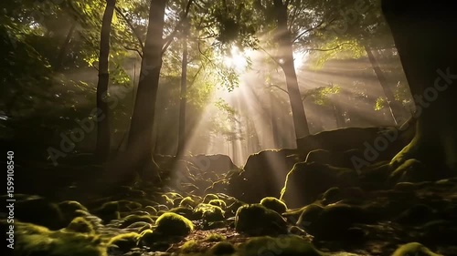 Walking Forest path with moss-covered ground and early morning sunrays