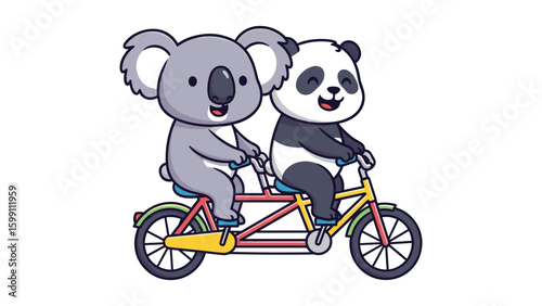 Cartoon Koala and Panda Riding Tandem Bicycle Together Illustration