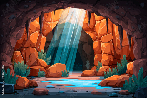 Serene Cave Scene with Light Rays and Reflective Water Pool