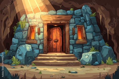 Fantasy Cave Entrance with Wooden Door and Glowing Windows