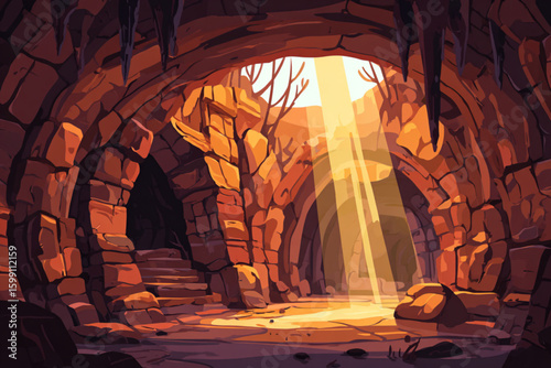 Mystical Underground Cave with Sunlight and Stone Arches