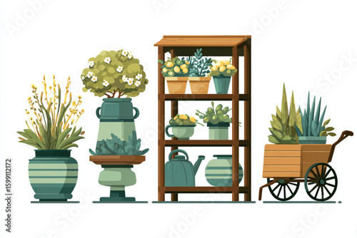 Charming Garden Setup with Potted Plants and Wooden Shelf