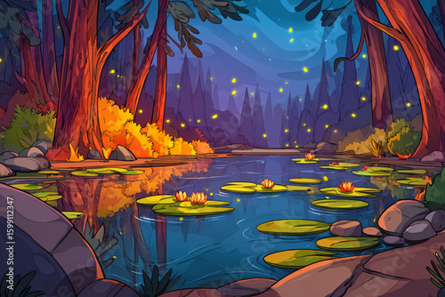 Enchanting Nighttime Forest Scene with Fireflies and Water Lilies