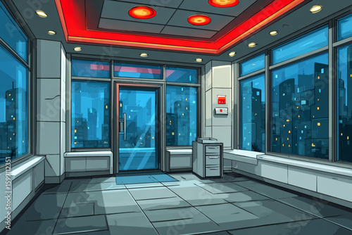 Futuristic Lobby Interior with City View at Night