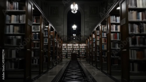 Dimly lit library interior with bookshelves, books, reading, and education concept in dark and academic atmosphere with vintage style and architecture.
