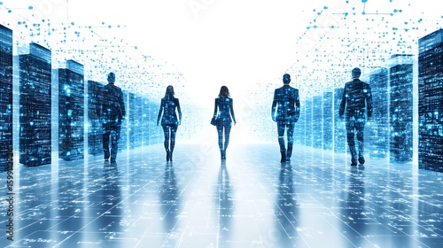 Business people walking through a digital data center.