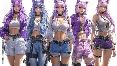 Fashionable figures in vibrant purple and denim attire.