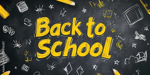 Back to School text effect vector file with easy Bromoil icon and hand-drawn elements on a chalkboard background, yellow-colored text for any size or shape of words, simple black outline font