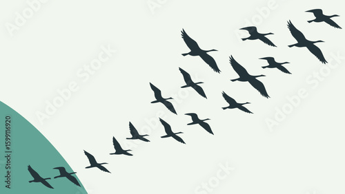 Silhouette of a flock of birds flying in formation against a light background with green element