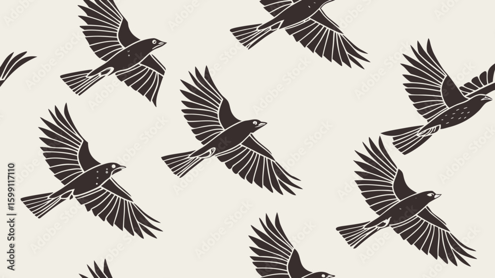 Fototapeta premium Illustration showing a flock of stylized birds in flight against a light background in a seamless pattern