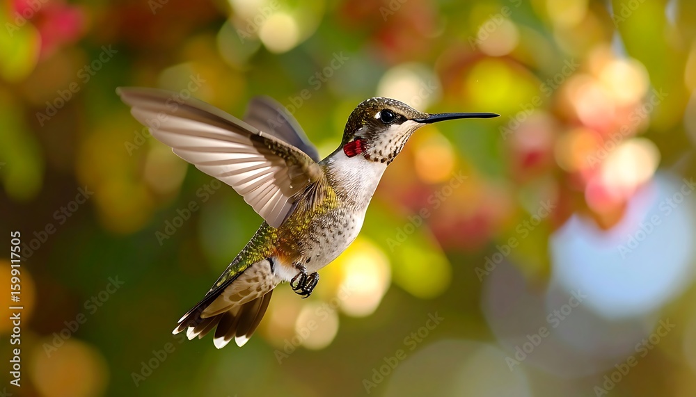 Fototapeta premium Hummingbird in flight, vibrant bokeh