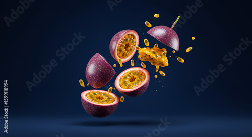“Passionfruit exploded into components: shell, pulp, seed — floating style”