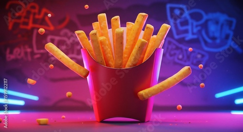 Vibrant French Fries in Neon-Lit Urban Setting