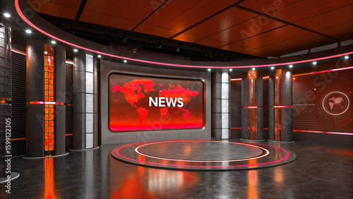 Modern news studio with large screen and circular stage