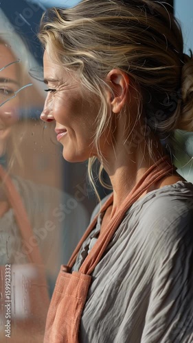 A woman washes windows