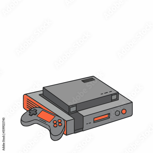 Game console illustration in minimal style with gray and orange colors  
