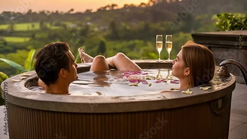 A couple enjoys a romantic flower bath in a hot tub with champagne, overlooking a lush tropical landscape at sunset