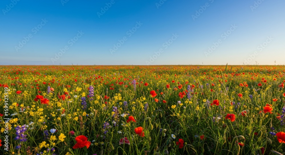 Fototapeta premium Vibrant Wildflower Field Under a Bright Blue Sky