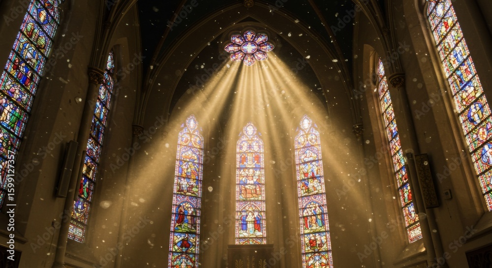 Obraz premium Sunlit Church Interior with Stained Glass Windows