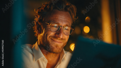 Man with glasses smiles while looking at a screen at night.