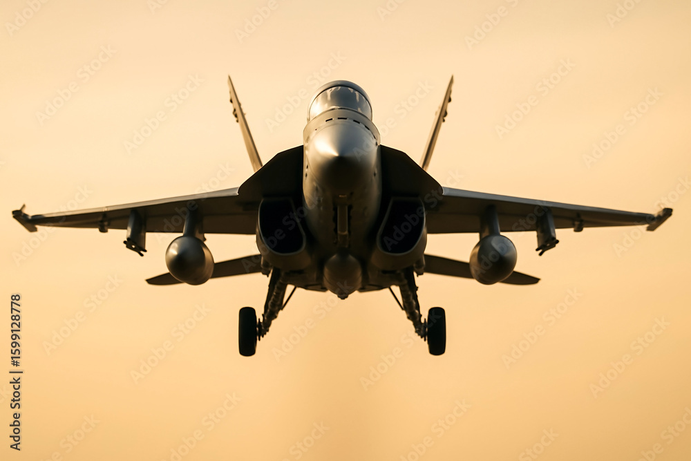 Fototapeta premium Military Fighter Jet Flies Directly Overhead With Landing Gear Down During Sunset Sky Moment