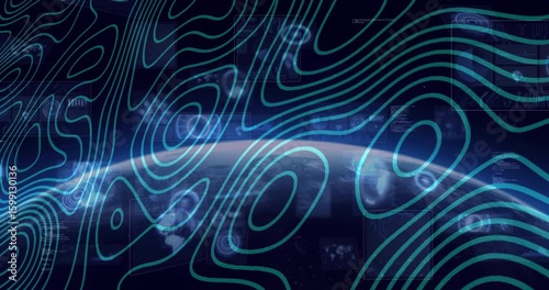 Glow sweeping left initiating horizon reveal, contour lines pulsing, icons clustering for scan