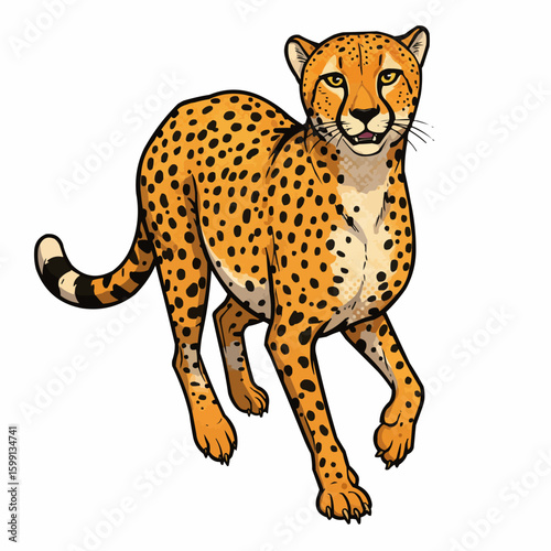 Cheetah walking in a dynamic pose with a playful expression  