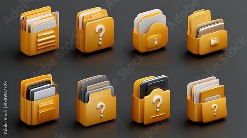 Collection of stylized, 3d file folders in various arrangements.