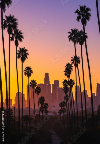 Los Angeles Skyline at Sunset with Palm Trees Silhouette